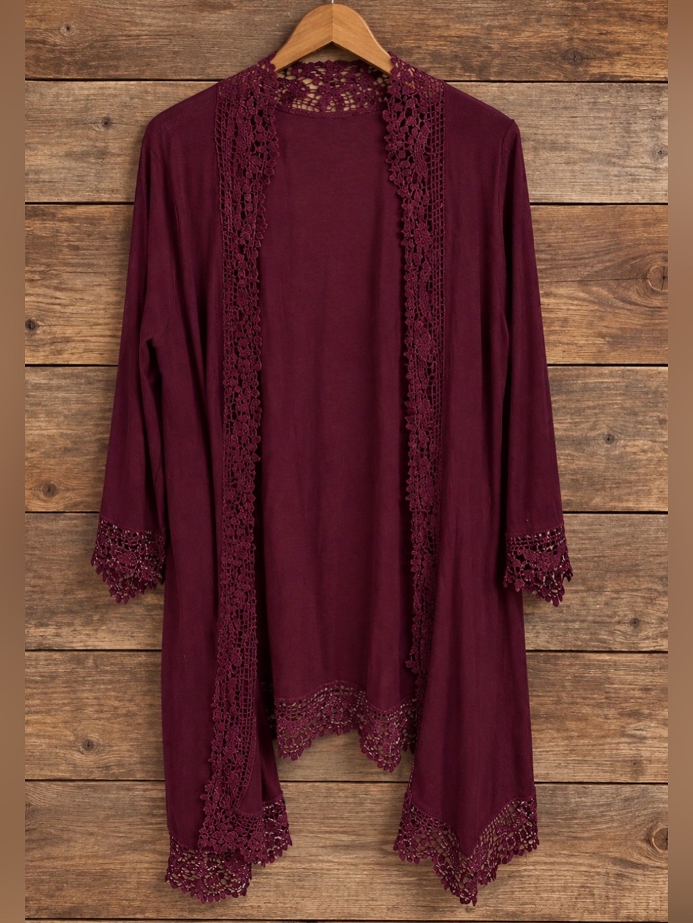 She + Sky Burgundy Lace-Trim Open Front Cardigan